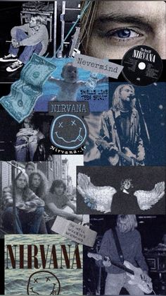 collage of nirvana images with the words nirvana on them