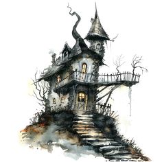 a watercolor painting of a house with stairs leading up to it and a spooky roof