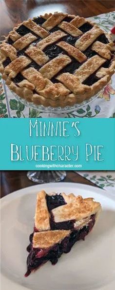 a blueberry pie on a plate with the words minine's blueberry pie