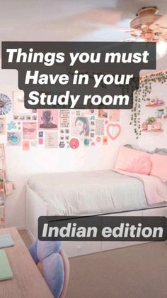 there is a bedroom with pictures on the wall and a desk in front of it