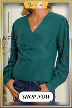 Solid Hollow Cross Wrap Long Sleeve V-neck Sweater Fall Surplice Neckline Tops, V-neck Tops For Winter Workwear, V-neck Tops For Workwear In Winter, V-neck Winter Workwear Tops, Winter V-neck Tops For Workwear, Beautiful Autumn, Beautiful Sweater, V Neck Sweater, Vneck Sweater