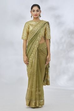 Shop for Itrh Green Silk Tissue Flower Vine Embroidered Saree With Blouse for Women Online at Aza Fashions Gold Chanderi Pre-draped Saree With Gota Work, Pista Green Chanderi Blouse Piece For Reception, Transitional Gold Pre-draped Saree With Gota Work, Fitted Pre-draped Saree With Gota Work, Pista Green Pre-draped Saree With Zari Work For Diwali, Fitted Pre-draped Saree With Gota Work For Designer Wear, Festive Pre-draped Saree With Gota Work, Festive Pista Green Chanderi Pre-draped Saree, Gold Pre-draped Saree For Reception