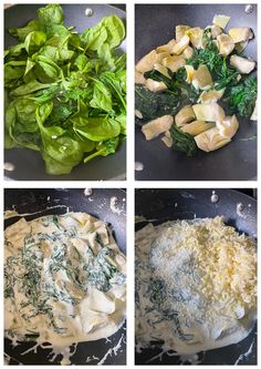 four pictures show spinach, pasta and cheese in different stages of being cooked together