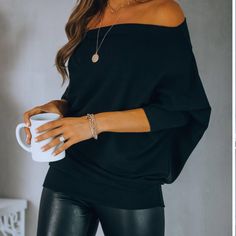 Black Knit Off Shoulder Women Pullover Sweater Tops Pullover Sweater Loose Fit Sweater Tops, Pullover Sweater Women, Loose Sweater, Fall Winter Outfits, Black Knit, Casual Fall, Women Pullover, Pullover Sweater, Sweater Top