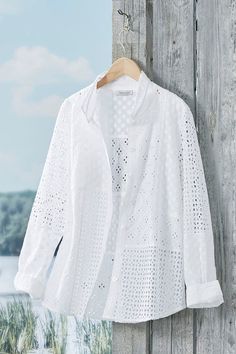 Effortless Eyelet Shirt - Coldwater Creek Eyelet Shirt, Mom Ideas, Lace Jacket, Boho Skirts, Denim And Lace, Woven Top, Women Shirts Blouse, Cute Summer Outfits, Fashion Over 50