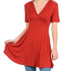 Expand Your Fashion Possibilities With This Lightweight Tunic In A Solid Color That's Simple To Mix And Match. Spandex Fibers Give It A Flattering, Stretchy Fit. 95% Rayon, 5% Spandex Hand Wash, Hang Dry Made In Usa Red Solid Color V-neck Top, Floral Puff Sleeve Top, Business Casual Blouse, Blouse Tank Top, Grey Tie Dye, Fitted Blouses, Black Tie Dye, Black Long Sleeve Top, Shirt Dress Casual