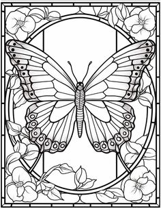 a butterfly in a stained glass window with flowers