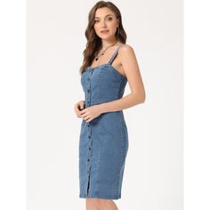 A jean dress is a must-have staple item in your all-year-around wardrobe. This sleeveless tank dress with breathable denim fabric, a simple and classic design, is perfect for summer. You also can pair it with casual basic t-shirt tops or blouses for an elegant and chic look. Stylish denim dresses for women can be easily dressed down, paired with some sweet sandals or a sassy pair of heels for a dainty and feminine look. Sleeveless Denim Blue Dress For Day Out, Fitted Sleeveless Dress With Buttons For Casual Wear, Fitted Sleeveless Denim Dress With Button Closure, Sleeveless Dark Wash Dress With Buttons, Fitted Casual Sleeveless Dress With Buttons, Fitted Casual Sleeveless Denim Dress, Casual Fitted Sleeveless Dress With Button Closure, Cotton Sleeveless Dress With Button Closure, Casual Fitted Sleeveless Denim Dress