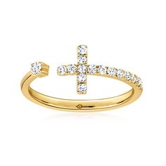 Ross-Simons - .30 ct. t. w. Diamond Sideways Cross Ring in 14kt Yellow Gold. Size 7. Sparkling with .30 ct. t. w. round brilliant-cut diamonds, this chic sideways cross ring offers a modern way to wear a classic symbol of faith. Crafted in polished 14kt yellow gold. 1/4" wide. Diamond sideways cross ring. Diamond birthstones are the perfect gift for April birthdays. Cross Wedding Ring, Cross Diamond Ring, April Birthday, Diamond Birthstone, Diamond Cross, Cross Ring, Gold Cross, Ring Diamond, Round Brilliant Cut Diamond