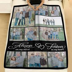 a blanket that has pictures of people on it with the words always and forever in my mind