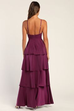 Be ready to stun in the Lulus Going with Elegance Plum Purple Satin Tiered Gown! Sleek satin shapes this gorgeous dress that has adjustable spaghetti straps, a deep V-neckline, and seamed triangle cups. A set-in waist tops flouncy tiers that end at a maxi hem. Open back. Hidden back zipper/clasp. Fit: This garment fits true to size. Length: Floor length. Size medium measures 55" from adjustable straps to hem. Bust: Great for any cup size. Waist: Fitted - very fitted at natural waist. Hip: Not Fi Prom Dress Scarf, Floor Length Dresses Formal, Prom Dresses For Brunettes, Dark Purple Formal Dress, Plum Prom Dress, Dark Purple Prom Dress, Prom Dresses Open Back, Purple Prom Dresses, Future Christmas