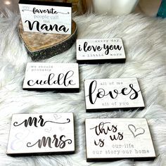 four wooden coasters that say i love you, cuddle, mr and mrs