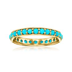 Ross-Simons - Turquoise Eternity Band Ring in 14kt Yellow Gold. Size 8. RS Pure. Modern designs that complete your outfit and complement your personality. Our dainty eternity band features bright color all around from petite 2mm round stabilized turquoise cabochons. Simply set in 14kt yellow gold, this ring is the perfect pop of color whether worn solo or stacked. 1/8" wide. Turquoise eternity band. Turquoise Wedding Band, Emerald Necklace Pendant, Turquoise Gold Ring, Gold Starburst, Emerald Pendant, Eternity Band Ring, Rock Collection, Turquoise Rings, Eternity Band