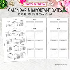 the printable calendar and important dates is displayed on a white background with pink flowers