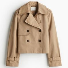 H&M | Jackets & Coats | Beige Short Trench Look Jacket S L | Poshmark Trench Beige, Cropped Trench Coat, New Balance Outfit, Short Trench Coat, Cuffed Sleeve, Trench Jacket, H&m Shorts, Cardigan Sweater Dress