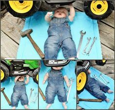 there is a baby laying on the ground with tools