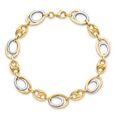 Leslie's 14k Two Tone Gold Polished Finish Fancy Link Bracelet Flowers Rings, Arm Bracelets, Gold Link Bracelet, Gold Link Chain, Link Chain Bracelet, Diamond Jewelry Designs, Gold Link, Fashion Weeks, Gold Polish