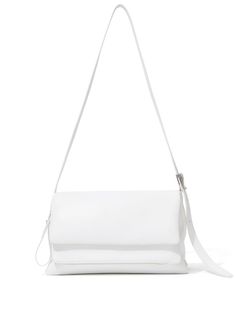 white lambskin silver-tone adjustable shoulder strap foldover top partitioned compartment Classic White Flap Shoulder Bag, White Leather Shoulder Bag With Magnetic Closure, White Luxury Flap Bag With Magnetic Closure, Luxury White Flap Bag With Magnetic Closure, White Leather Shoulder Bag With Fold Over Clasp, White Leather Shoulder Flap Bag, White Rectangular Shoulder Bag With Magnetic Closure, Classic White Flap Bag With Magnetic Closure, White Classic Flap Bag With Magnetic Closure