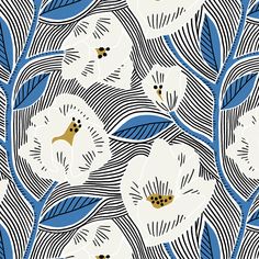 a blue and white wallpaper with flowers in the center, on top of wavy lines