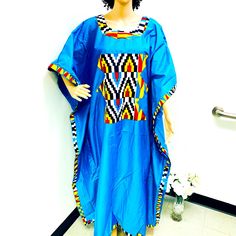 Polish Cotton With African Print Ladies Maxi Dress With Matching Head Wrap. One Size Fits Most. Machine Washable Polish Cotton And Ankara Print Fabric. Blue Cotton Tunic Dress, Long Blue Cotton Kaftan, Blue Fitted Kaftan, Blue Casual Short Sleeve Kaftan, Casual Long Blue Kaftan, Blue Cotton Long Sleeve Kaftan, Traditional Blue Cotton Kaftan, Blue Cotton Maxi Dress With Short Sleeves, Blue Fitted Long Sleeve Kaftan