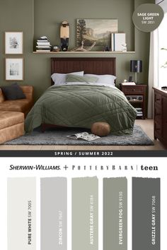 the bedroom is painted in shades of green and gray, while the bed has been made up