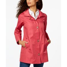 Chic Turnkeys Are A Stylish Addition To This Classic Raincoat From Jones New York. Lightweight Zip-Out Hood Zipper Front With A Turnkey Overlay Lined Hits At Mid-Thigh; Approx. Length 31" Slit Pockets At Hips Stand Collar; Hooded Slit At Back Hem Shell: Cotton/Polyester; Lining: Polyester Machine Washable Imported All Proceeds Will Be Used To Help Rescued Animals So You Can Feel Good About Your Purchase Of Such A Luxurious Find. Pink Raincoat, Hooded Raincoat, Jones New York, Utility Jacket, Feel Good, What To Wear, Rain Jacket, Shirt Dress, Jackets For Women