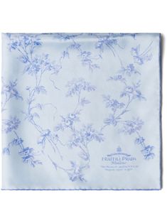 light blue silk twill weave all-over floral print logo print to the front contrasting trim square shape finished edge Universal Symbols, Archive Logo, Bohemian Wedding Guest, Beauty Flowers, Prada Collection, Logo Floral, Logo Scarves, Floral Squares, Twill Weave