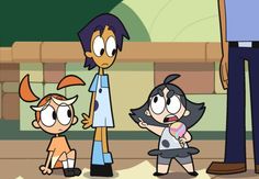 an animated family standing in front of a man