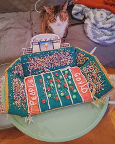 a cat sitting on top of a table next to a cake with frosting and sprinkles