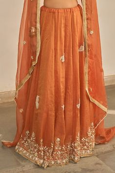 Orange lehenga with zardozi embroidered floral and bird motifs. Comes with matching blouse and gota lace embellished dupatta. - Aza Fashions Slub Silk Sets With Dori Work For Wedding, Slub Silk Wedding Sets With Dori Work, Tissue Silk Anarkali Set With Gota Work For Reception, Designer Slub Silk Lehenga With Dori Work, Designer Slub Silk Lehenga With Gota Work, Slub Silk Traditional Wear With Dori Work For Wedding, Wedding Slub Silk Dupatta With Dori Work, Wedding Slub Silk Traditional Wear With Dori Work, Wedding Traditional Wear With Dori Work In Slub Silk