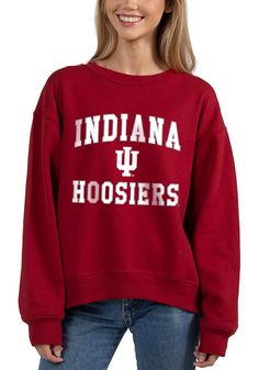 Make your way to the big game in this Indiana HoosiersWomens Crimson Old School Crew Sweatshirt! This Hoosiers Long Sleeve Sweatshirt features a screen print team name and logo on center chest. Stay warm and comfortable with this Womens Indiana Hoosiers Crew Sweatshirt. Long sleeve, Crew neck, Finished hem, High low bottom hem, 60% COTTON / 40% POLYESTER, 4 University Red Varsity Top For Fall, University Red Cotton Top For Fall, Collegiate Fall Top For Campus, Collegiate University Red Tops For Fall, University Red Collegiate Top For Fall, University Red Tops For Fall, Indiana Hoosiers, Team Name, Long Sleeve Sweatshirt