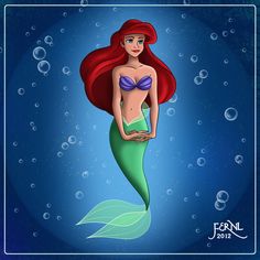 the little mermaid is standing in the water