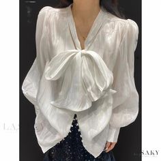 Lasaky - Irregular Design Bow Knot Shirt with Belted Silhouette Long Denim Coat, Knot Shirt, Bow Tie Shirt, Denim Waistcoat, Silk Blouses, Spring Fabric, Style Cardigan, Chiffon Shirt, Fall Shirts