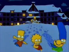 the simpsons characters are in front of a large house at night with snow on the ground