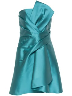 turquoise blue satin weave bustier-style neckline strapless pleat detailing oversize bow detail draped detailing two side inset pockets internal logo tag partial lining thigh-length straight hem concealed side zip fastening Strapless Silk Mini Dress With Ruched Bodice, Formal Draped Mini Dress With Folds, Chic Draped Satin Strapless Dress, Strapless Silk Mini Dress With Ruched Detail, Strapless Ruched Silk Mini Dress, Blue Dress With Ruched Bodice And Straight Neckline, Blue Dresses With Ruched Bodice And Straight Neckline, Pleated Satin Mini Dress, Chic Blue Dresses With Folds