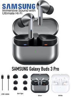 the samsung galaxy buds 3 pro earbuds with charging case are shown in this advertisement