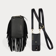 Hailey Fringe Pouch Set - Black/Gold Black Wallet With Removable Pouch For On-the-go, Luxury Black Phone Bag With Detachable Strap, Modern Pouch Phone Bag For On-the-go, Luxury Wallet With Mobile Phone Holder, Luxury Wallets With Mobile Phone Bag For Everyday Use, Luxury Black Phone Bag For Everyday Use, Modern Black Wallet With Detachable Strap, Versatile Leather Phone Bag With Card Slots, Trendy Black Phone Bag For Everyday