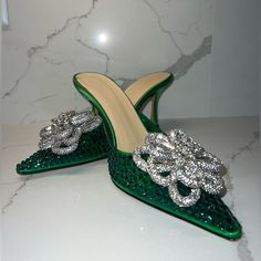 Mach & Mach Carrie Crystal Embellished 85 Mm Mules Mildly Used Size 6 No Box Green Rhinestone Heels For Wedding, Green Rhinestone Wedding Heels, Green Embellished Heels For Evening, Embellished Green Heels For Evening, Glamorous Green Embellished Heels, Formal Green Heels With Rhinestones, Designer Green Heels For Wedding, Glamorous Green Heels With Rhinestones, Green Rhinestone Heels