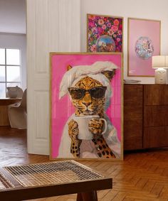 a painting of a cheetah wearing sunglasses and holding a coffee cup in front of it