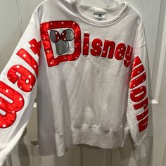 Questions? Leave A Comment Below! Minnie Mouse Sweatshirt, Disney Tops, Walt Disney World, Disney World, Walt Disney, Minnie Mouse, Red White, Red And White, Womens Tops