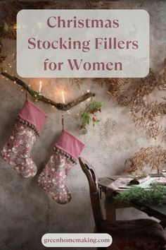 christmas stockings hanging from a wall with the words christmas stocking fillers for women