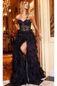 Jovani 22226 - Strapless Tiered A-Line Prom Gown - Prom Prom Dress Corset Top, Black Corset Prom Dress, Prom Dress With Corset, Prom Ballgown, Corset Dress Prom, Ruffle Design, Black Dress Outfits, Prom Designs, Cute Spring Outfits