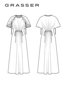 the front and back view of a dress with gathered sleeves, tied at the waist