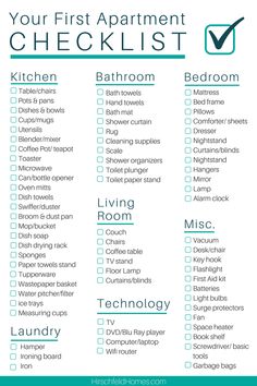 a checklist with the words, your first apartment checklist