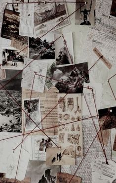 many different pictures are arranged together on the wall with red string attached to them,