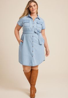 Plus Size Denim Tie Waist Mini Shirt Dress - Materials & Care:imported - 58% cotton 42% lyocell - machine wash Collared Chambray Denim Dress In Medium Wash, Knee-length Light Wash Chambray Denim Dress, Light Wash Chambray Denim Dress Knee-length, Summer Denim Washed Shirt Dress, Relaxed Fit Denim Shirt Dress With Short Sleeves, Short Sleeve Denim Blue Cotton Shirt Dress, Cotton Medium Wash Shirt Dress For Work, Denim Blue Cotton Short Sleeve Shirt Dress, Medium Wash Chambray Denim Dress