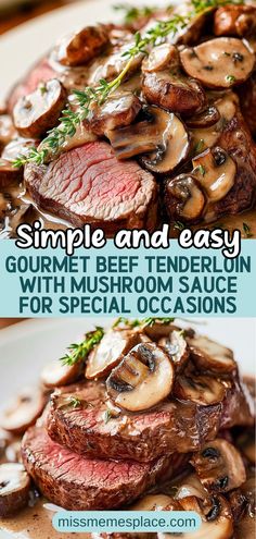 steak with mushrooms and sauce on top is shown in two different photos, the same one has