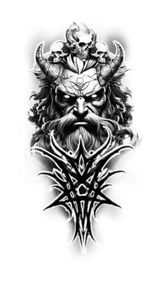 a black and white drawing of a demon with horns