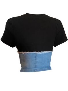 Too hot to handle, this sexy but stylish Denim Corset Knit Top is a soft and stretchy cropped t-shirt complete with a crew neckline, a back zip, short sleeves, and a denim corset overlay. With this top, you can dress up or down any outfit. Style this cute tee with a miniskirt, a pair of thigh high boots and don’t forget a patchwork denim purse. Kitted denim top Hand wash cold 18” shoulder to hem (approx. measured from small) Material: 75% Cotton 22% Polyester 3% Spandex Model is wearing a size s