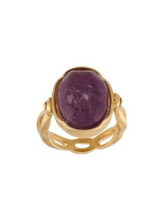 Purple 24kt gold plated brass oval Cabochons ring from Goossens featuring a gold-tone finish, a twisted detail and an engraved logo. | Goossens oval Cabochons ring Ring Purple, Big Rings, Oval Rings, 24kt Gold, Engraved Logo, Purple Crystals, Oval Cabochon, Signet Ring, Purple Gold